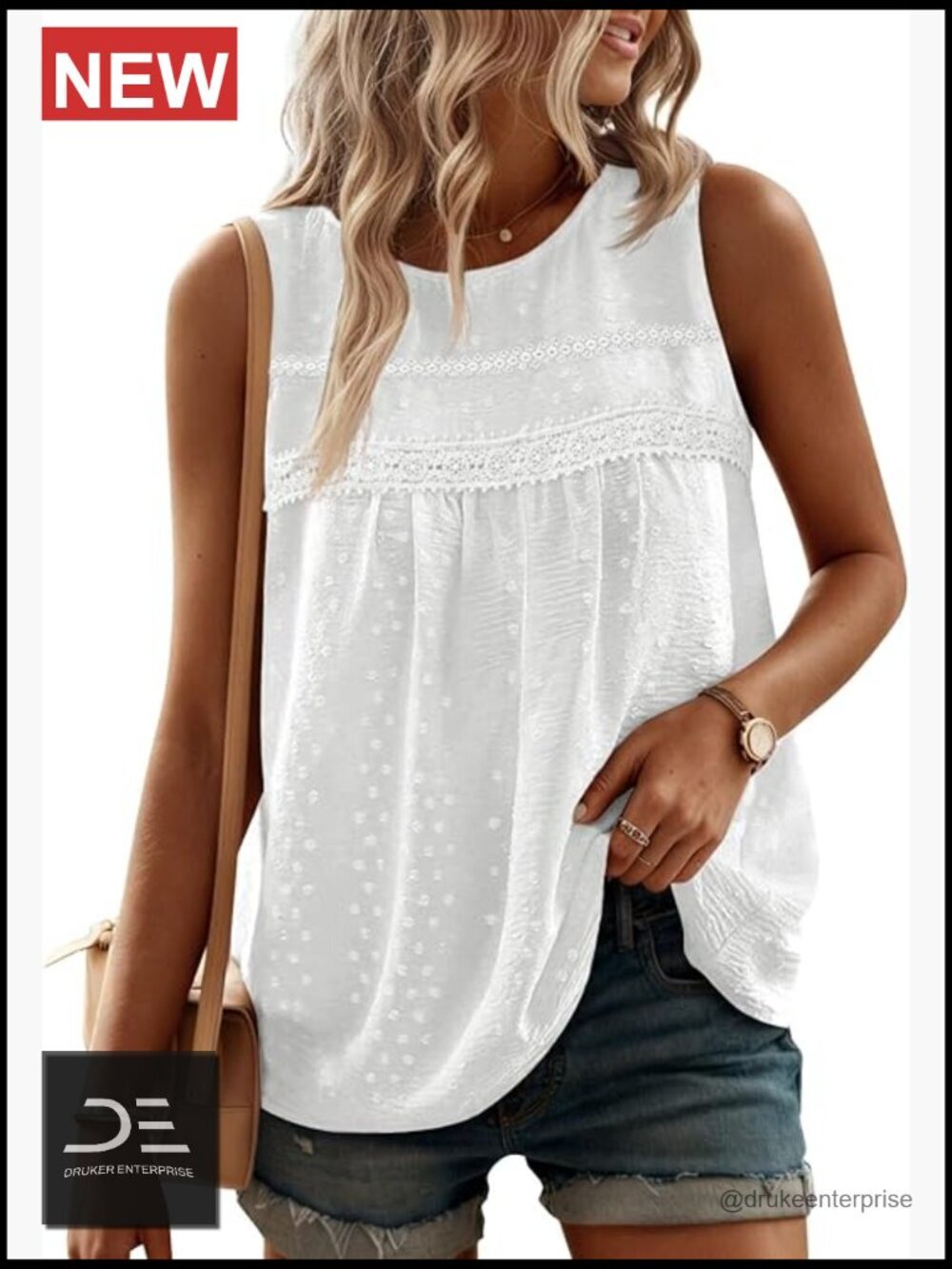 Women's Loose Fit Sleeveless Crew Neck Camisole Swiss Dots Tank Top